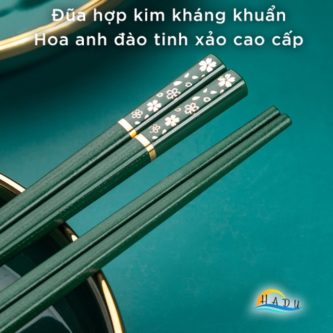 Bộ 5 Đôi Đũa Sợi Thủy Tinh HADU Họa Tiết Hoa Anh Đào, Kháng Khuẩn, Chống Trơn, 24.3cm, Màu Xanh Bắc Âu