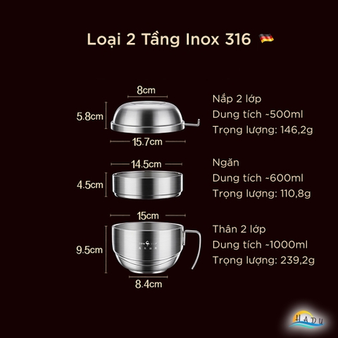 Hộp Cơm Giữ Nhiệt 2 Ngăn SSGP Inox, Nắp Dùng Làm Bát, Đạt Chất Lượng LFGB Đức