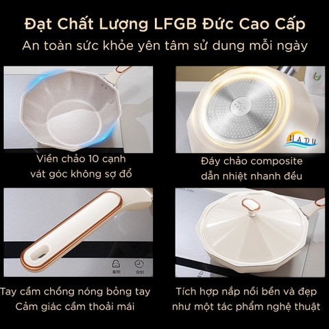 Chảo Chống Dính Bếp Từ SSGP 30cm, Nắp Xoay Điều Áp, Phủ Đá Y Tế, Màu Trắng, Đạt Chất Lượng LFGB Đức