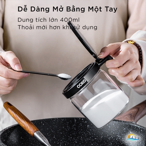 Bộ 3 Hũ Đựng Gia Vị Thủy Tinh CCKO, Nắp Vỏ Sò, Kèm Thìa và Khay