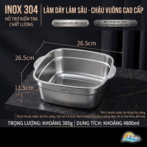 Bộ Thau Rổ Inox 304 Cao Cấp Hình Vuông Thiết Kế 2 Lớp Đa Năng Rửa Rau Củ Quả SSGP