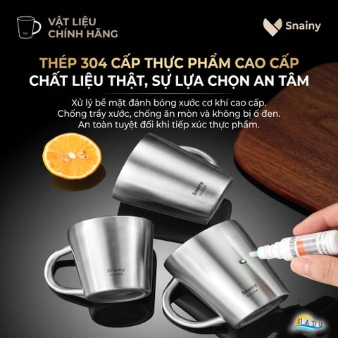 Cốc Ly Inox 304 Giữ Nhiệt 2 Lớp Cao Cấp Chống Nóng Có Tay Cầm Cao Cấp 200ml 260ml Snainy