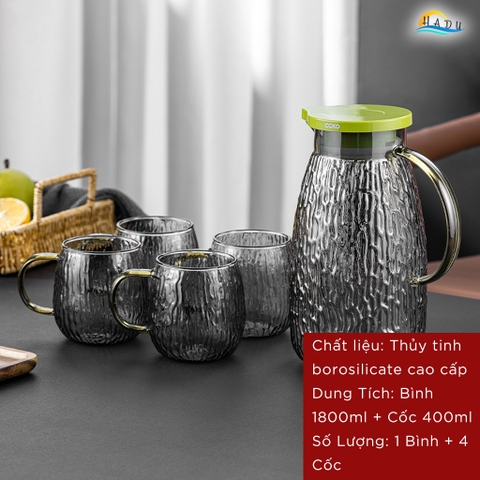 Bộ Bình và Cốc Thủy Tinh CCKO, Bình 1.8L Nắp Tự Động, Chịu Nhiệt, Nhiều Màu