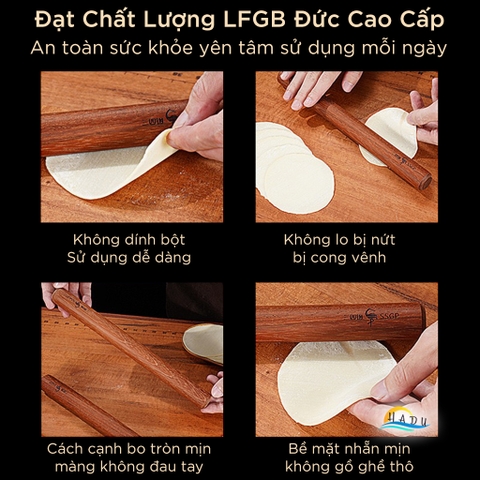 Cây Lăn Bột Gỗ Cẩm Lai SSGP, Dài 30cm, Chống Dính Tự Nhiên, Đạt Chất Lượng LFGB Đức