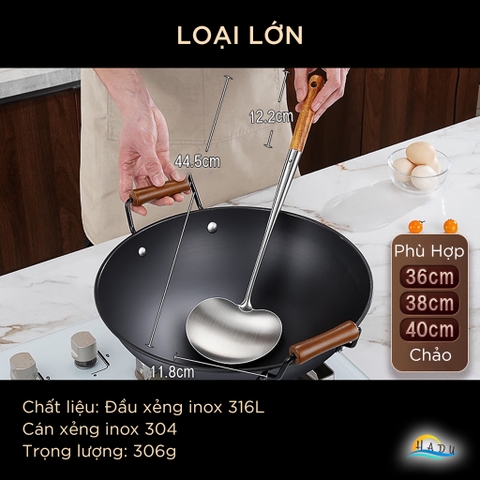 Xẻng Nấu Ăn Inox 316L SSGP Cán Gỗ Cách Nhiệt, Sạn Xào Mặt Cong Lòng Sâu Múc Canh Đa Năng 2in1