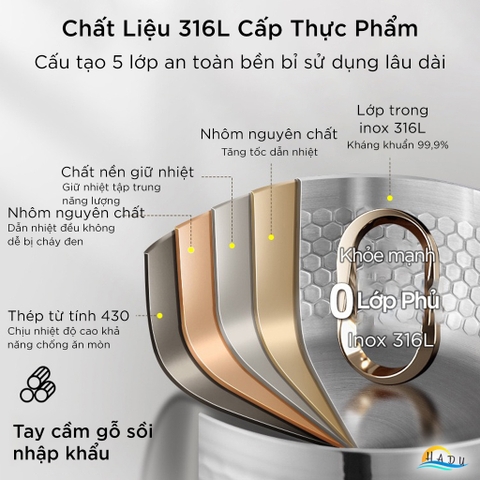 Nồi Inox 316L Bếp Từ SSGP 22cm (3L) Tay Cầm Gỗ Sồi, 5 Lớp, Đạt Chất Lượng LFGB Đức