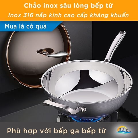 Chảo inox bếp từ sâu lòng có nắp 32 cm inox 316 cao cấp ba lớp giữ nhiệt tốt dẫn nhiệt nhanh đều tiết kiệm khí đốt SSGP