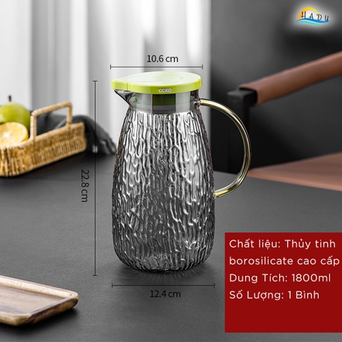 Bộ Bình và Cốc Thủy Tinh CCKO, Bình 1.8L Nắp Tự Động, Chịu Nhiệt, Nhiều Màu