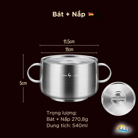 Bát Ăn Dặm Cho Bé SSGP Inox 316L, 2 Lớp Chống Nóng, Có Tay Cầm và Nắp, 11cm, Đạt Chất Lượng LFGB Đức