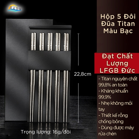 Bộ 5 Đôi Đũa Titan SSGP Nguyên Chất, Kháng Khuẩn, Cách Nhiệt, Đạt Chất Lượng LFGB Đức