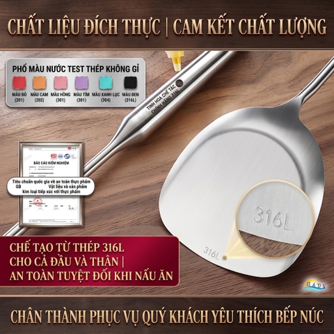 Xẻng Sạn Xào Chiên Lật Inox 316L Cao Cấp Cán Dài 43cm Bo Tròn An Toàn Đạt Chất Lượng LFGB Đức SSGP