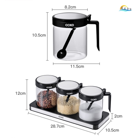 Bộ 3 Hũ Đựng Gia Vị Thủy Tinh CCKO, Nắp Vỏ Sò, Kèm Thìa và Khay