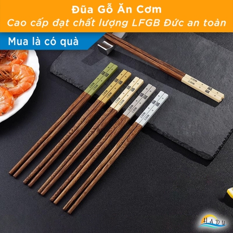Bộ 5 Đôi Đũa Gỗ Cánh Gà SSGP, Chống Mốc, Chống Trơn, Dài 24cm, Không Sơn, Đạt Chất Lượng LFGB Đức