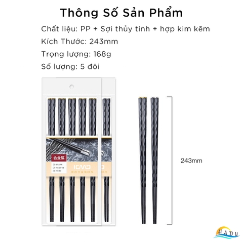 Bộ 5 Đôi Đũa Sợi Thủy Tinh HADU Họa Tiết Hoa Lấp Lánh, Chống Trơn, Chịu Nhiệt, 24.3cm