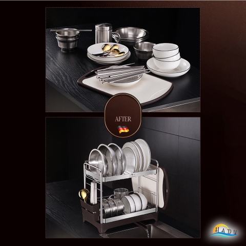 Kệ Úp Bát Đĩa 2 Tầng Inox 304 SSGP, Van Thoát Nước Xoay 360°, Kèm Giá Đựng Đũa, Thớt, Đạt Chất Lượng LFGB Đức