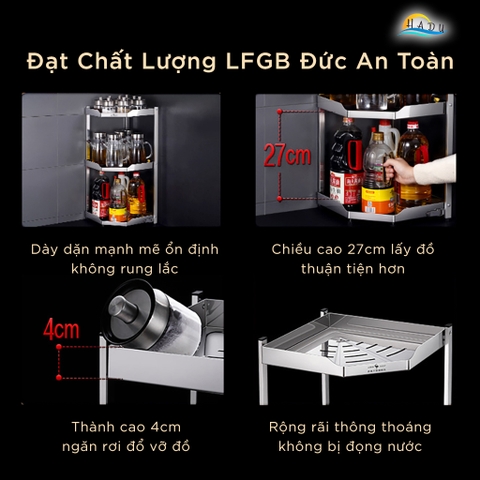 Kệ Góc Bếp Inox 304 SSGP, 2 Tầng, Gấp Gọn, Đạt Chất Lượng LFGB Đức