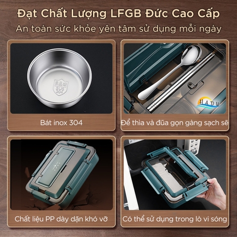 Hộp Cơm Văn Phòng Inox 316L SSGP 4 Ngăn, Hộp Đựng Cơm Quay Lò Vi Sóng Kèm Túi Giữ Nhiệt, Bát Canh