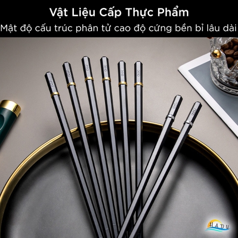 Đũa Ăn Cơm Kiểu Nhật Bản Cao Cấp HADU - Màu Đen Sang Trọng, Viền Kim Loại "King Of Ring", Chống Mốc, Chịu Nhiệt 120°C