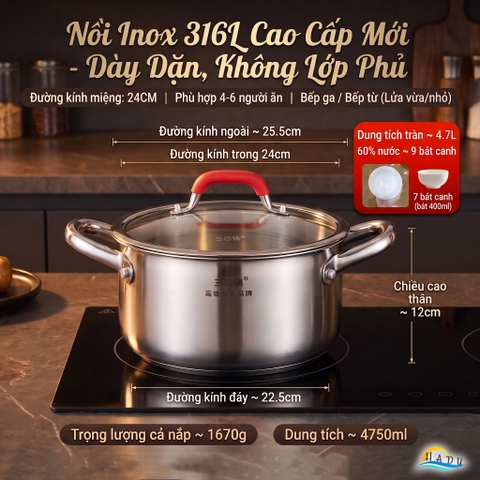 Nồi Inox 316L Cao Cấp Đúc 3 Lớp Chống Tràn Dùng Bếp Từ Bếp Gas 22cm 24cm SSGP