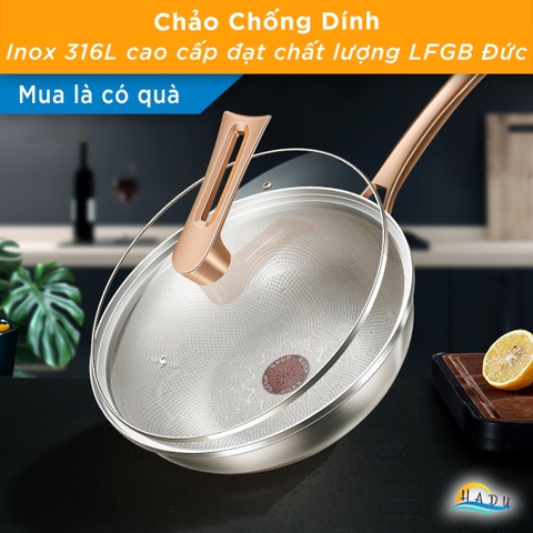 Chảo Tổ Ong Inox 316L Chống Xước SSGP 32cm, Phủ Titanium, Đáy 3 Lớp, Đạt Chất Lượng LFGB Đức