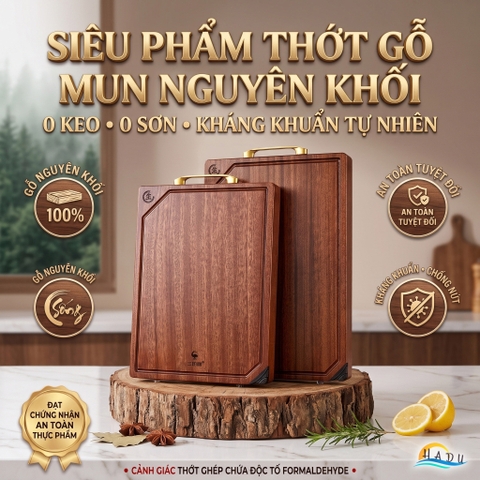 Thớt Gỗ Mun Cao Cấp Nguyên Khối Không Sơn Ghép Phân Biệt Sống Chín Đạt Chất Lượng LFGB Đức SSGP