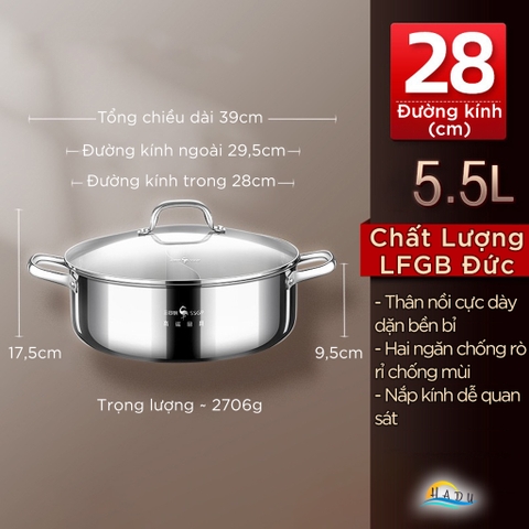 Nồi Lẩu 2 Ngăn Inox 304 Cao Cấp Dung Tích 8L – Đạt Chuẩn LFGB Đức, Phù Hợp Bếp Từ và Bếp Ga SSGP
