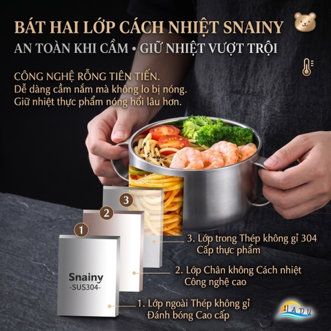 Bát Tô Chén Ăn Dặm Inox 304 Hai Quai Cách Nhiệt Chân Không Chống Nóng Cho Bé Snainy