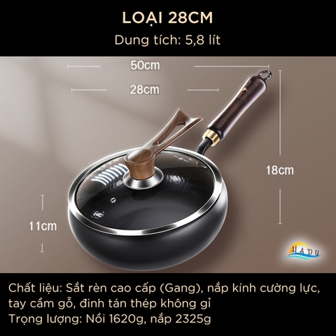 Chảo Sắt Rèn Thủ Công SSGP 28cm Đã Tôi, Chảo Gang Sâu Lòng Chống Dính Tự Nhiên Dùng Bếp Từ, Kèm Nắp