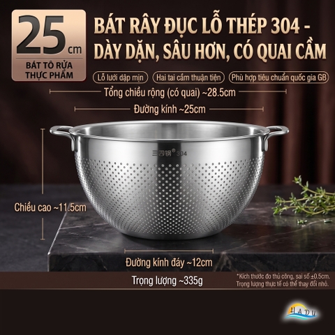 Bộ Rổ Chậu Thau Inox 304 Cao Cấp Dày Dặn Đa Năng Rửa Rau Vo Gạo Trộn Bột 25cm 27cm SSGP