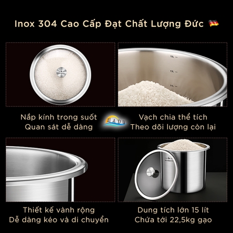 Thùng Đựng Gạo 10kg Thông Minh Inox 304 Nắp Kính Cao Cấp Đạt Chất Lượng Đức SSGP