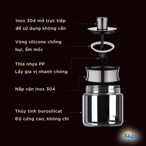 Bộ Đựng Gia Vị Thủy Tinh Borosilicat Cao Cấp – Nắp Inox 304, Kín Khít, Dễ Dàng Vệ Sinh, Thiết Kế Hiện Đại SSGP