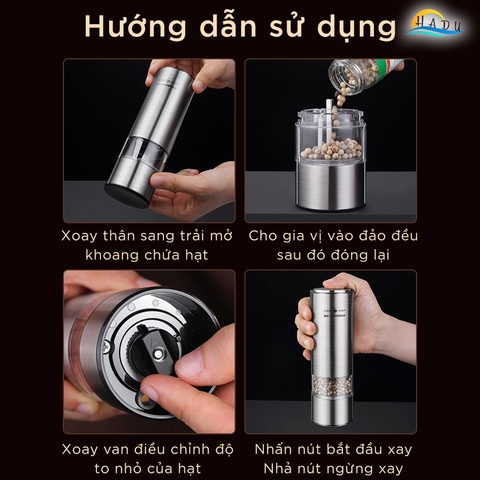Máy xay tiêu cầm tay bằng pin inox 304 cao cấp 5 chế độ xay có đèn LED vàng SSGP