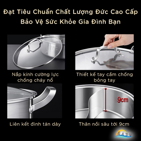 Nồi Lẩu 2 Ngăn Dùng Được Bếp Từ Đa Năng Inox 304 Cao Cấp 28cm 30cm Đạt Chất Lượng Đức SSGP