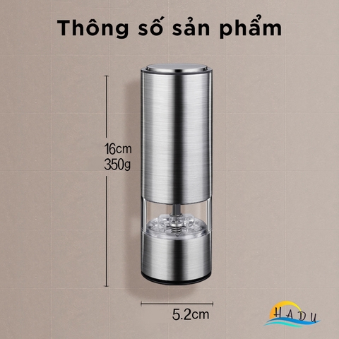 Máy xay tiêu cầm tay bằng pin inox 304 cao cấp 5 chế độ xay có đèn LED vàng SSGP