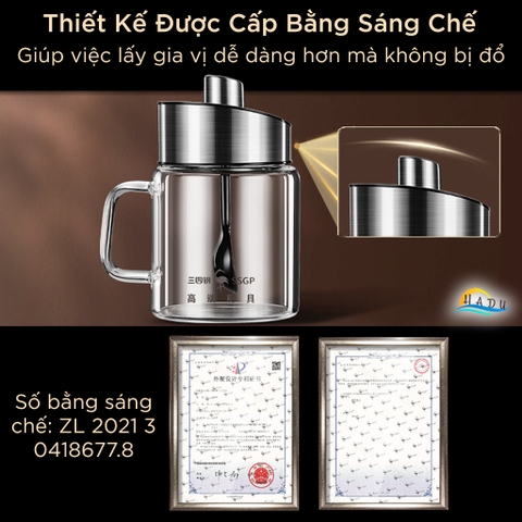 Bộ 3 Hũ Đựng Gia Vị Thủy Tinh SSGP, Nắp Kèm Thìa Inox 304, Chống Ẩm, Có Khay, Đạt Chất Lượng LFGB Đức