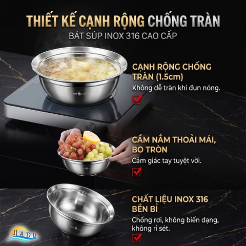 Thau Bát Tô Chậu Inox 316 Cao Cấp Chống Trào Đa Năng Dày Dặn Dùng Được Bếp Từ Bếp Gas SSGP