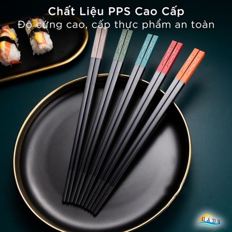 Bộ 5 Đôi Đũa Sợi Thủy Tinh HADU Họa Tiết Song Ngư, Chống Trơn, Chịu Nhiệt, 24.3cm, Đuôi 5 Màu