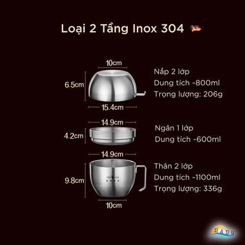 Hộp Cơm Giữ Nhiệt 2 Ngăn SSGP Inox, Nắp Dùng Làm Bát, Đạt Chất Lượng LFGB Đức