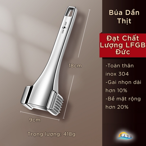 Búa Dập Thịt Inox 304 Cao Cấp – 36 Gai Nhọn, Đầu Rỗng Giảm Trọng Lượng, Móc Treo Tiện Lợi, Đạt Tiêu Chuẩn LFGB Đức SSGP