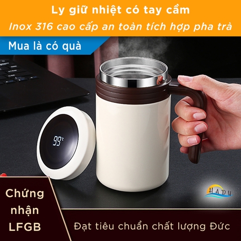 Ly giữ nhiệt có quai nắp đậy không cần vặn inox 316 cấp thực phẩm, cốc giữ nhiệt coffee 7 lớp tích hợp pha trà SSGP