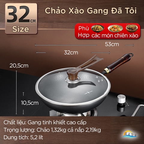 Chảo Gang Đúc Nguyên Khối Đã Tôi Chống Dính Cao Cấp 32cm SSGP, Chảo Xào Sâu Lòng Đạt Chất Lượng LFGB Đức