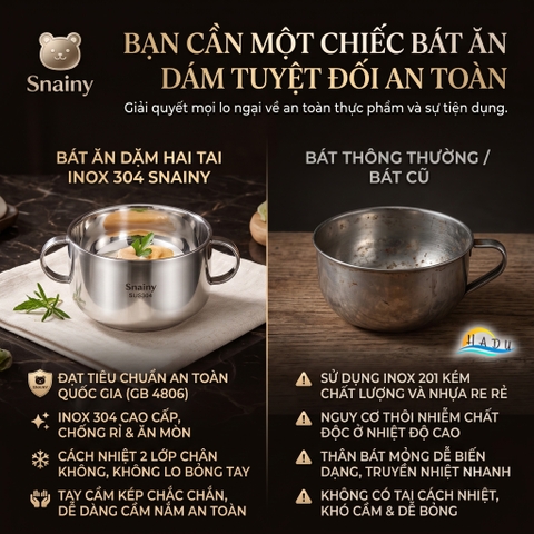 Bát Tô Chén Ăn Dặm Inox 304 Hai Quai Cách Nhiệt Chân Không Chống Nóng Cho Bé Snainy