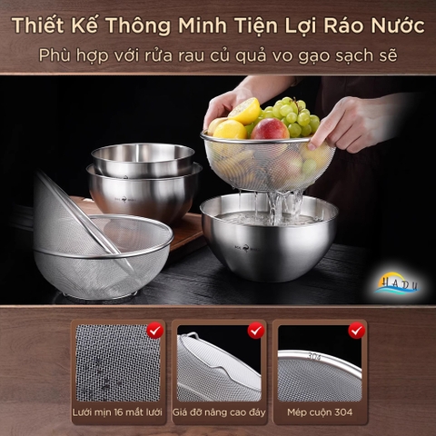 Rổ Inox Lưới Vo Gạo Inox 304 Cao Cấp SSGP, Chậu Inox Rửa Rau Kháng Khuẩn Đạt Chất Lượng LFGB Đức