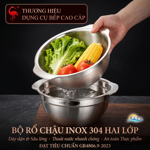 Bộ Rổ Chậu Thau Inox 304 Cao Cấp Dày Dặn Đa Năng Rửa Rau Vo Gạo Trộn Bột 25cm 27cm SSGP