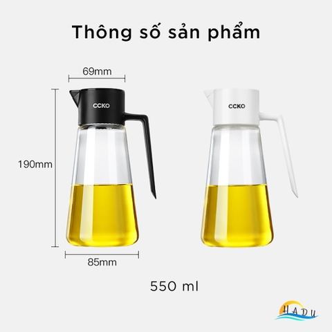 Bình Rót Dầu Ăn Thủy Tinh Borosilicate CCKO 550ml, Vòi Chống Nhỏ Giọt, Nắp Bật, Nhiều Màu