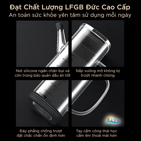 Bình Rót Dầu Ăn Thủy Tinh SSGP 550ml, 750ml Chống Rò Rỉ, Có Vạch Chia, Đạt Chất Lượng LFGB Đức