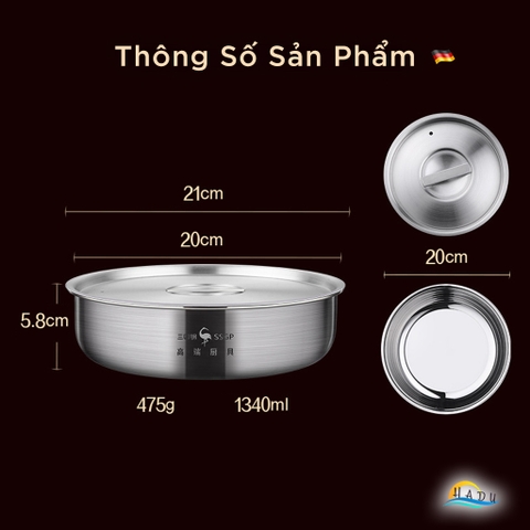 Tô Trộn Inox 304 SSGP 1.3L, Có Nắp Đậy Kín, Đường Kính 20cm, Dùng Trộn Bột, Bảo Quản, Đạt Chất Lượng LFGB Đức