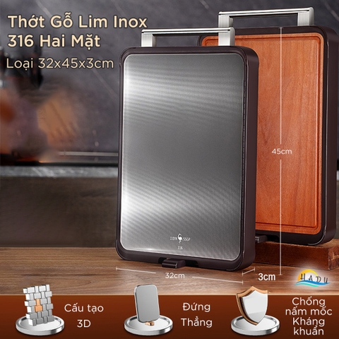 Thớt 2 Mặt SSGP Inox 316 và Gỗ Lim Kháng Khuẩn, 29x41x3cm, 32x45x3cm Đạt Chất Lượng LFGB Đức
