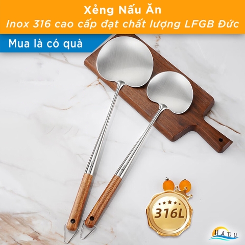Xẻng Nấu Ăn Inox 316L SSGP Cán Gỗ Cách Nhiệt, Sạn Xào Mặt Cong Lòng Sâu Múc Canh Đa Năng 2in1