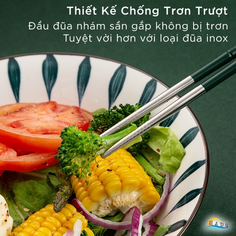 Bộ 10 Đôi Đũa Inox 304 HADU, Tay Cầm Chống Trượt, Kháng Khuẩn Ag+, Cách Nhiệt, 24.3cm
